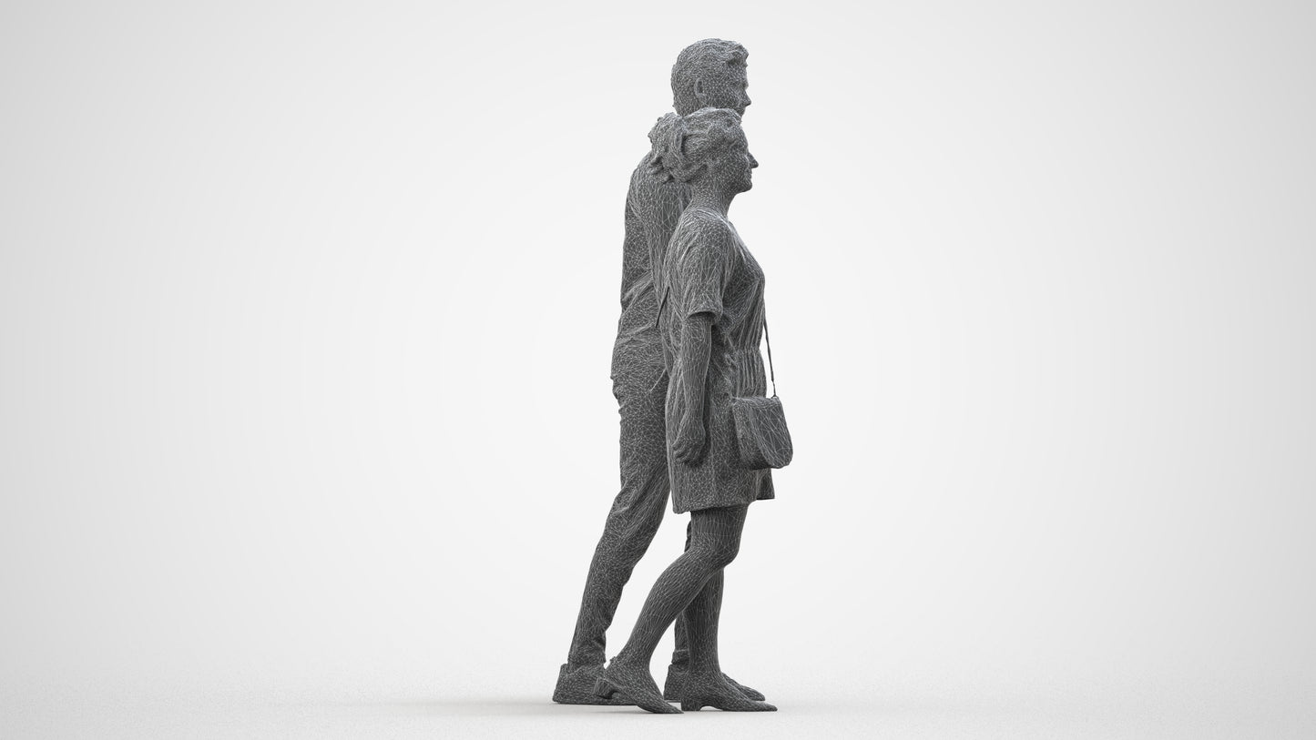realistic 3D people woman casual couple, render-ready for V-Ray and Corona, FBX OBJ, wireframe side view