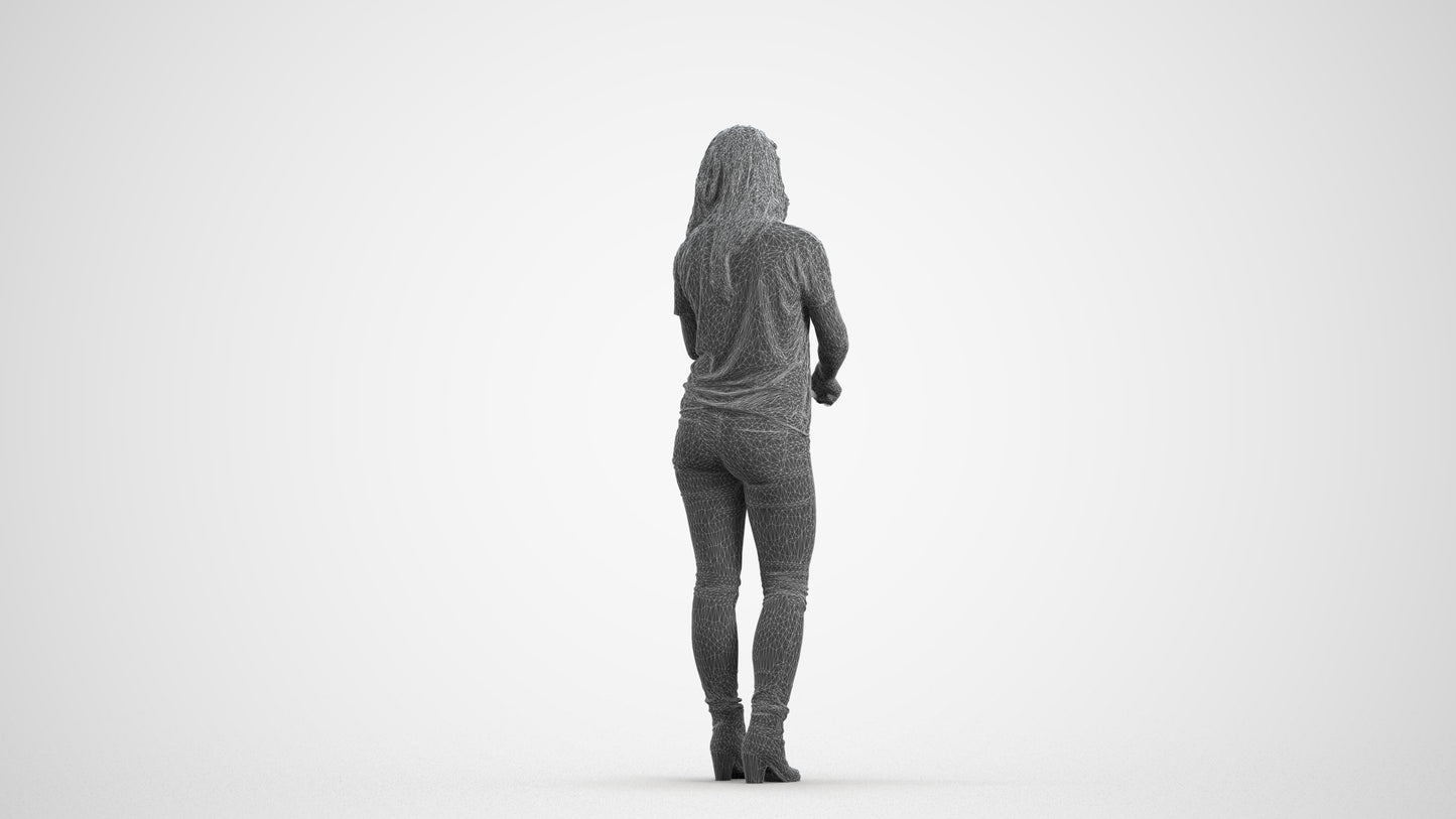 realistic 3D woman casual standing, scanned archviz people for Blender and 3ds Max, wireframe front view
