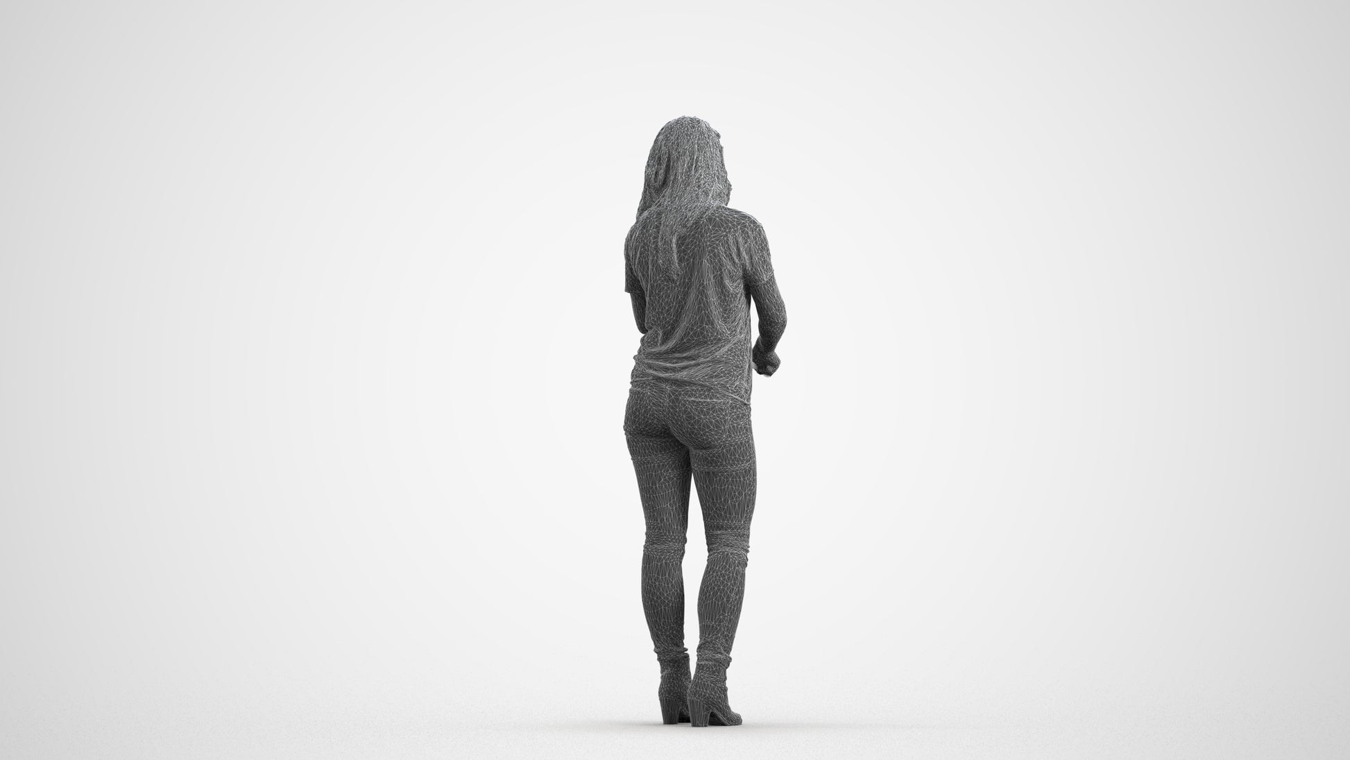realistic 3D woman casual standing, scanned archviz people for Blender and 3ds Max, wireframe front view