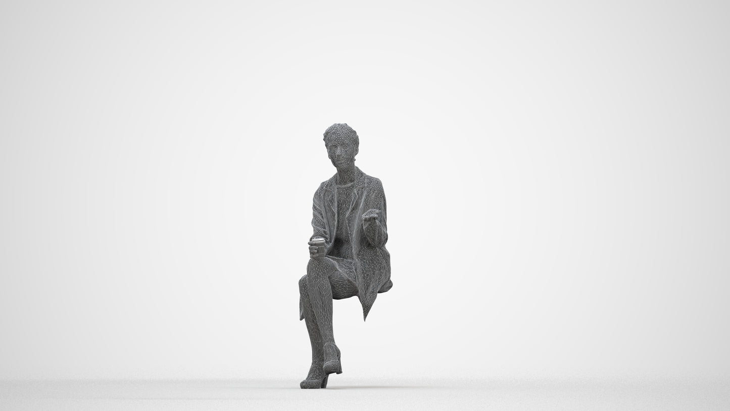 realistic 3D woman business sitting, scanned archviz people for Blender and 3ds Max, wireframe back view