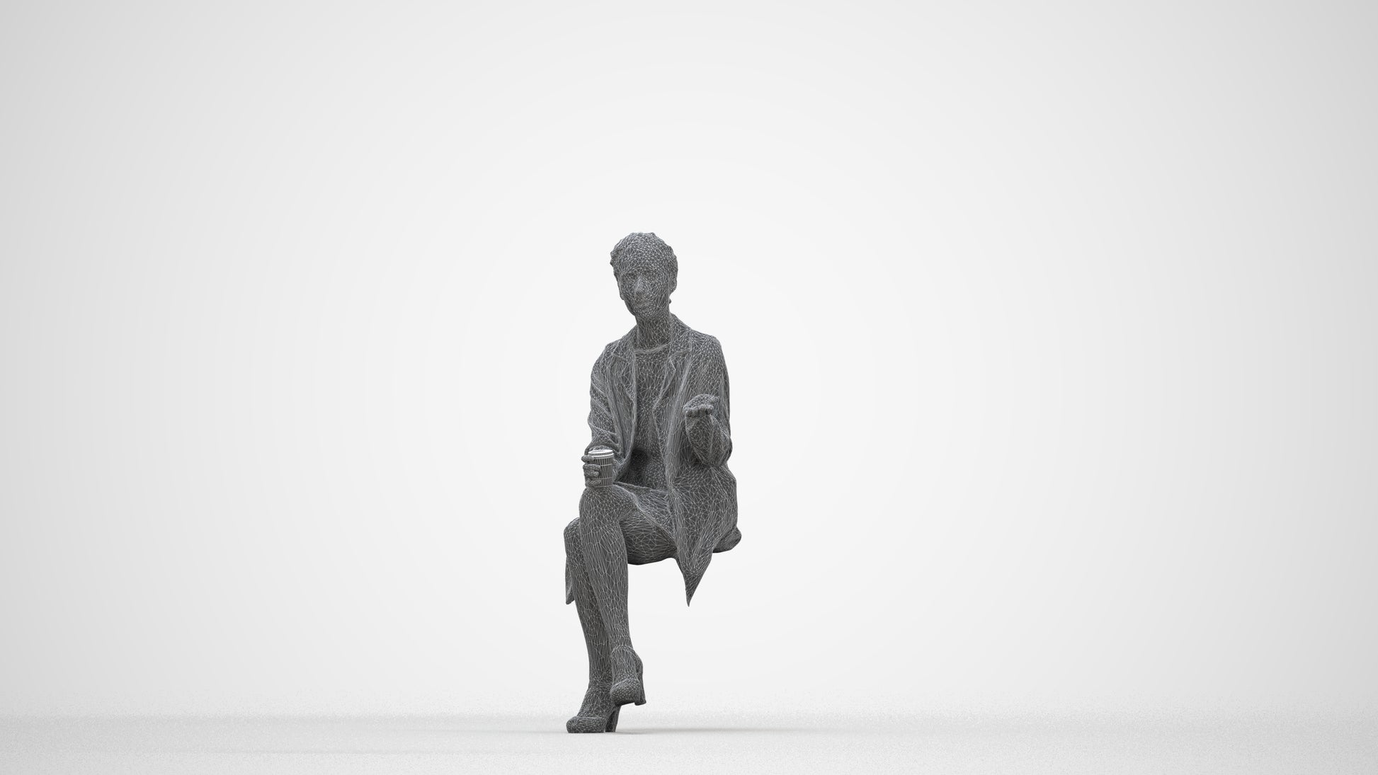 realistic 3D woman business sitting, scanned archviz people for Blender and 3ds Max, wireframe back view