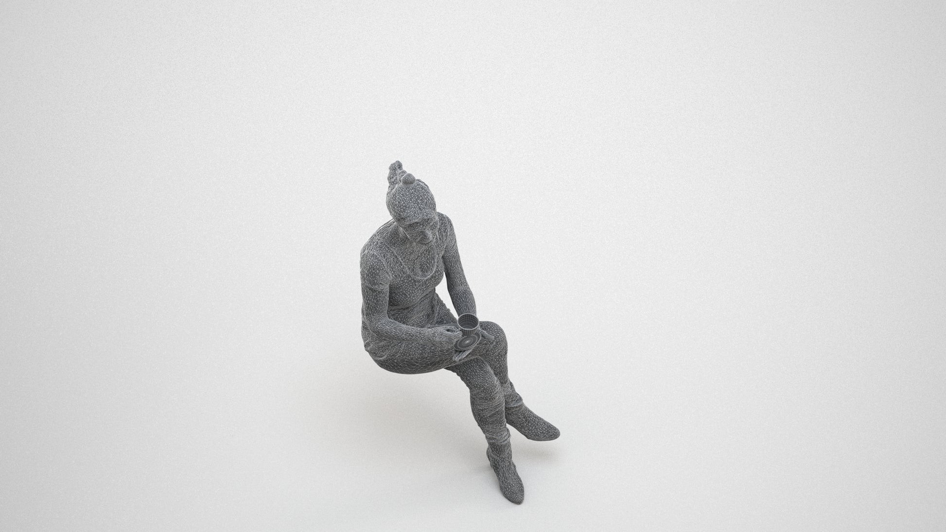 realistic 3D people senior woman casual sitting, render-ready for V-Ray and Corona, FBX OBJ, wireframe three-quarter view