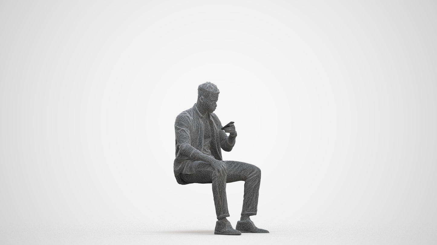 photogrammetry 3D man business sitting, realistic human model archviz FBX, three-quarter front view render