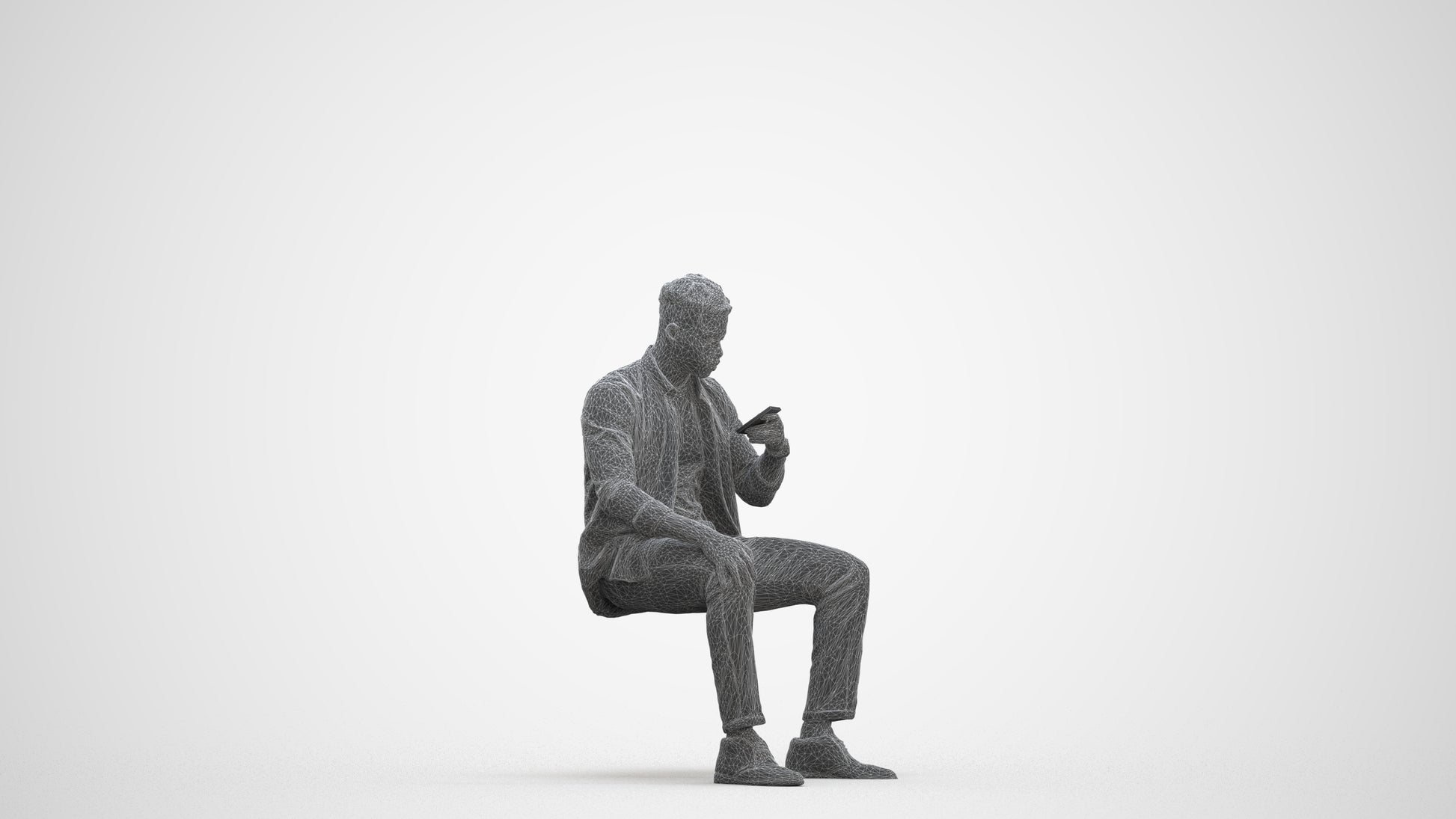 photogrammetry 3D man business sitting, realistic human model archviz FBX, three-quarter front view render
