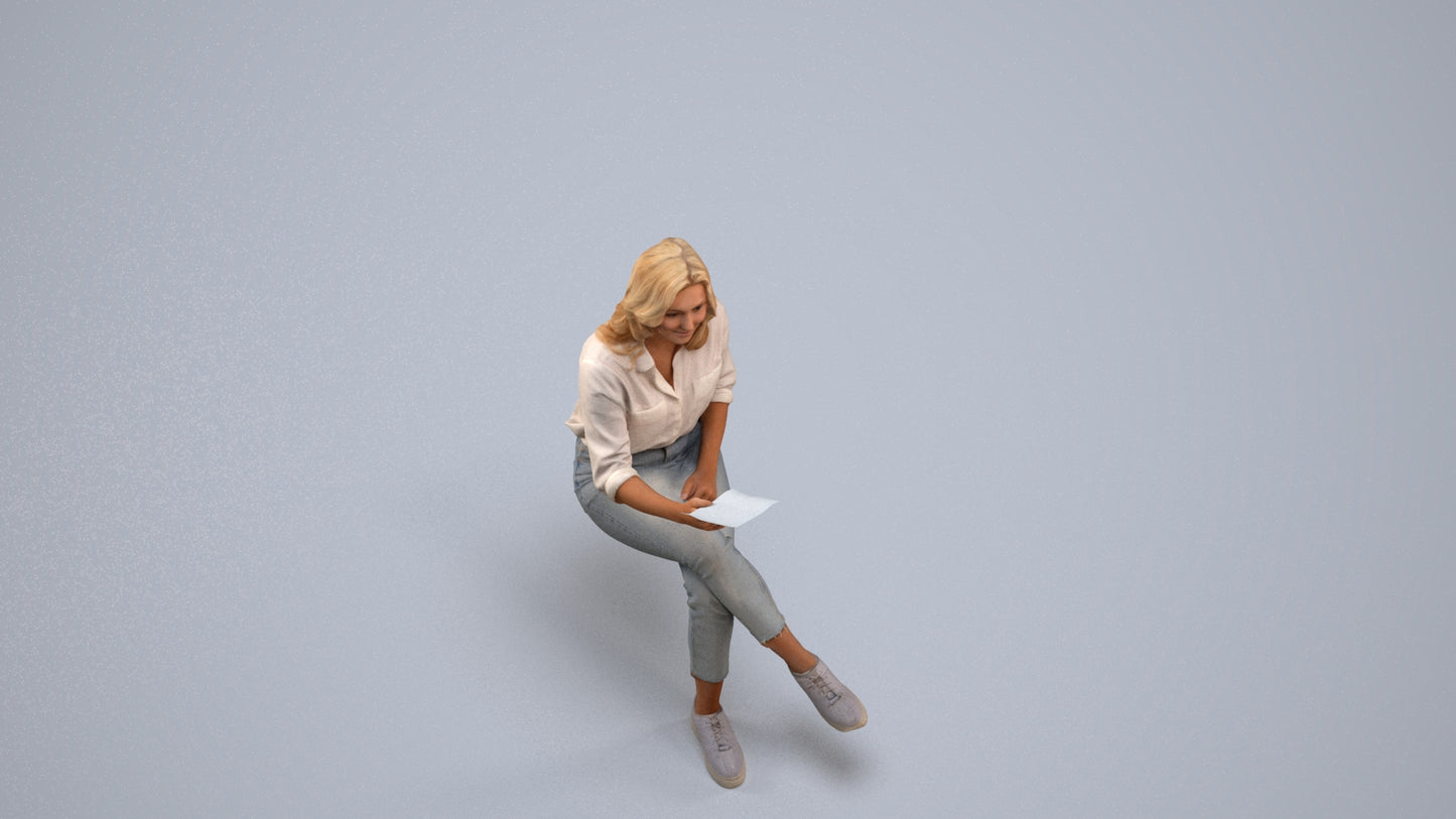 photogrammetry 3D woman casual sitting, realistic human model archviz FBX, back view render