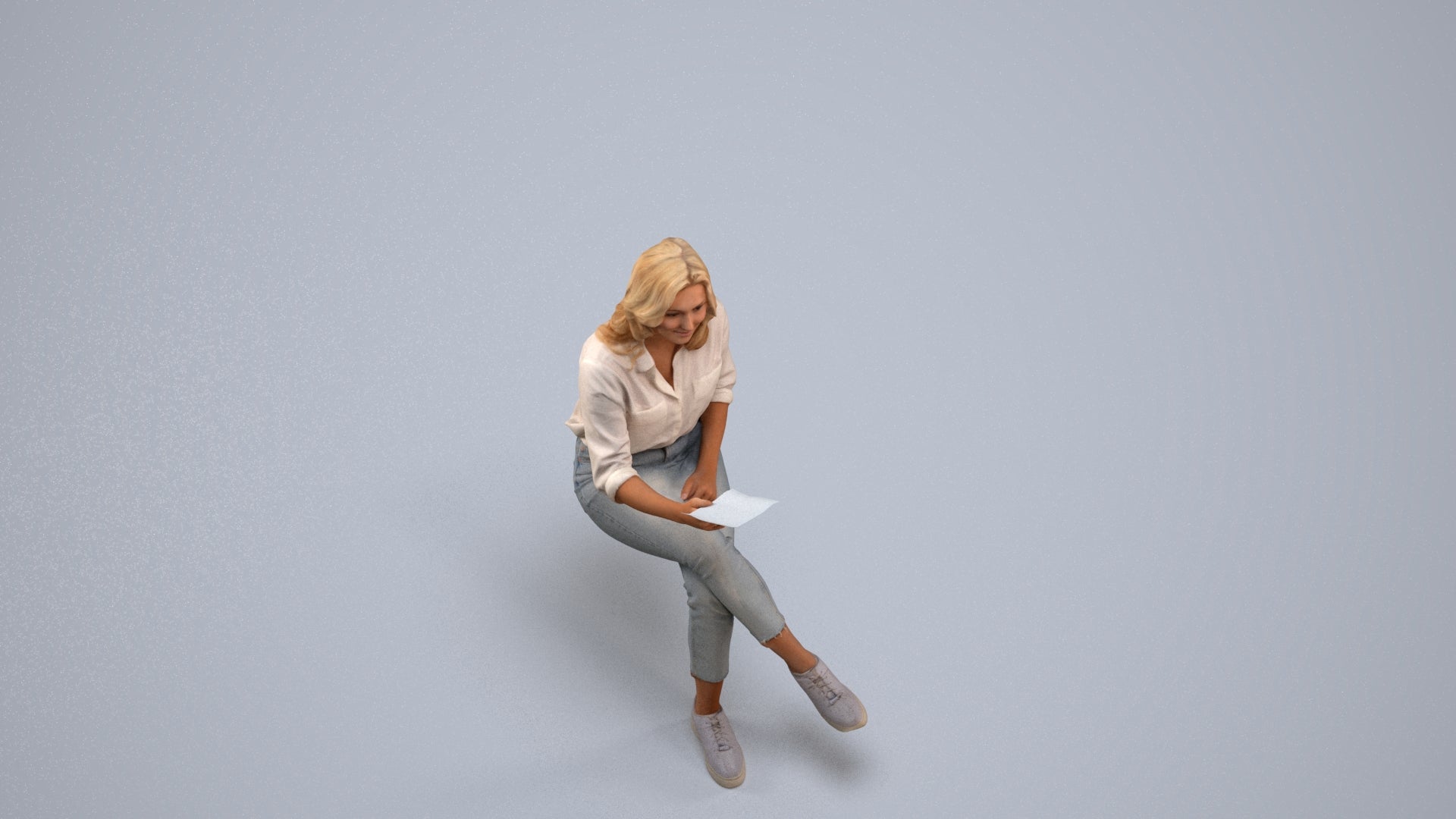 photogrammetry 3D woman casual sitting, realistic human model archviz FBX, back view render