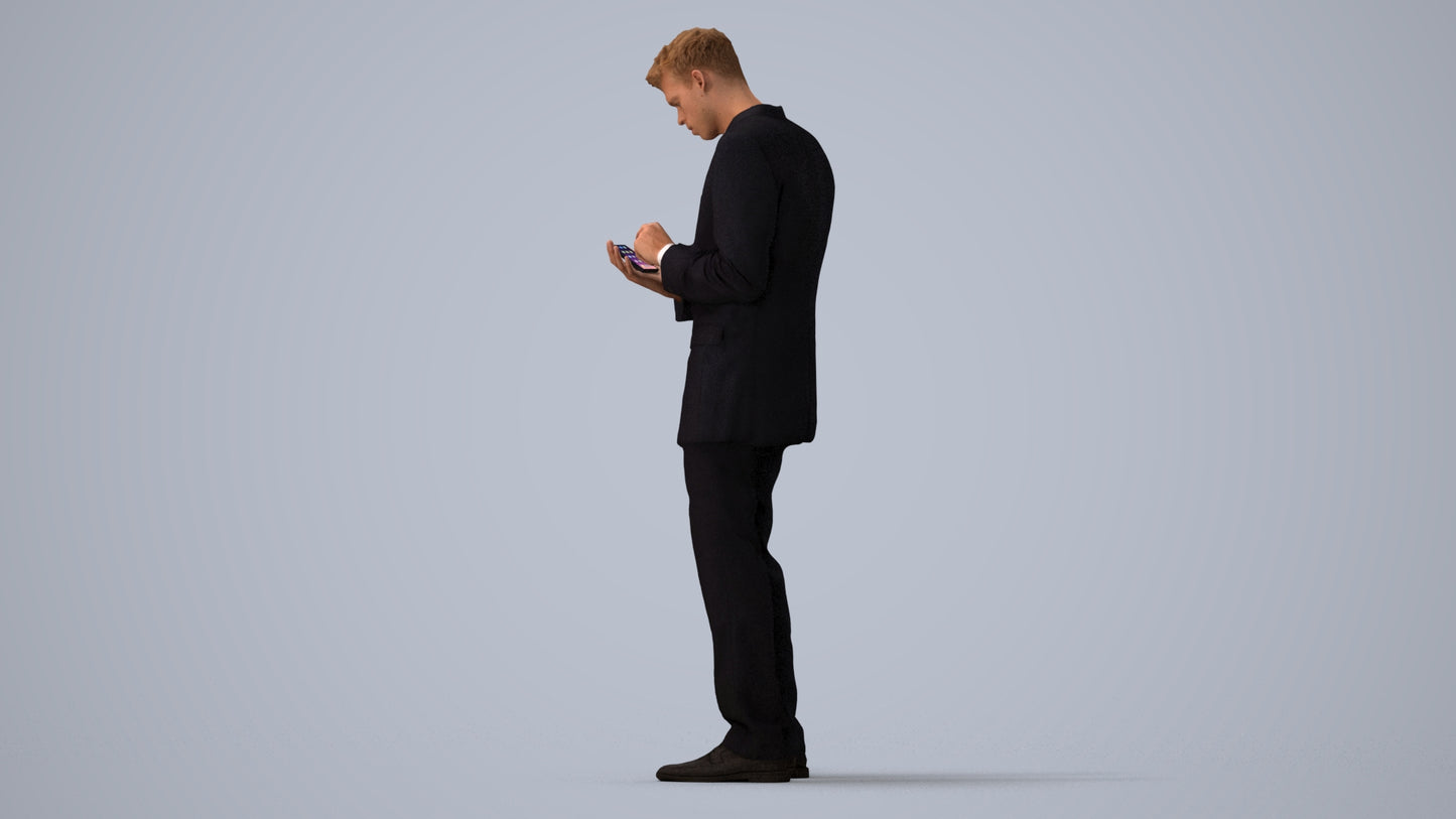 realistic 3D human man business, archviz people FBX OBJ for Blender, three-quarter view render