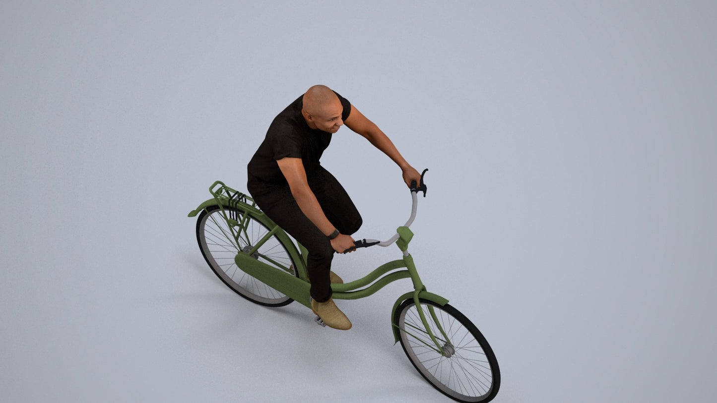 realistic 3D man casual cycling, scanned archviz people for Blender and 3ds Max, back view render