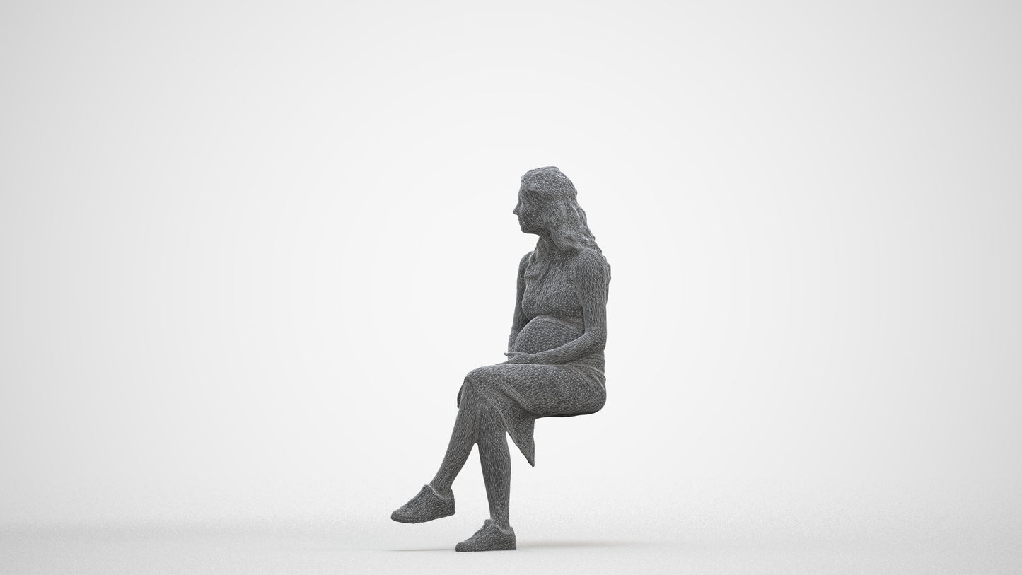 3D human model woman casual sitting, photogrammetry scanned person for archviz, three-quarter front view render