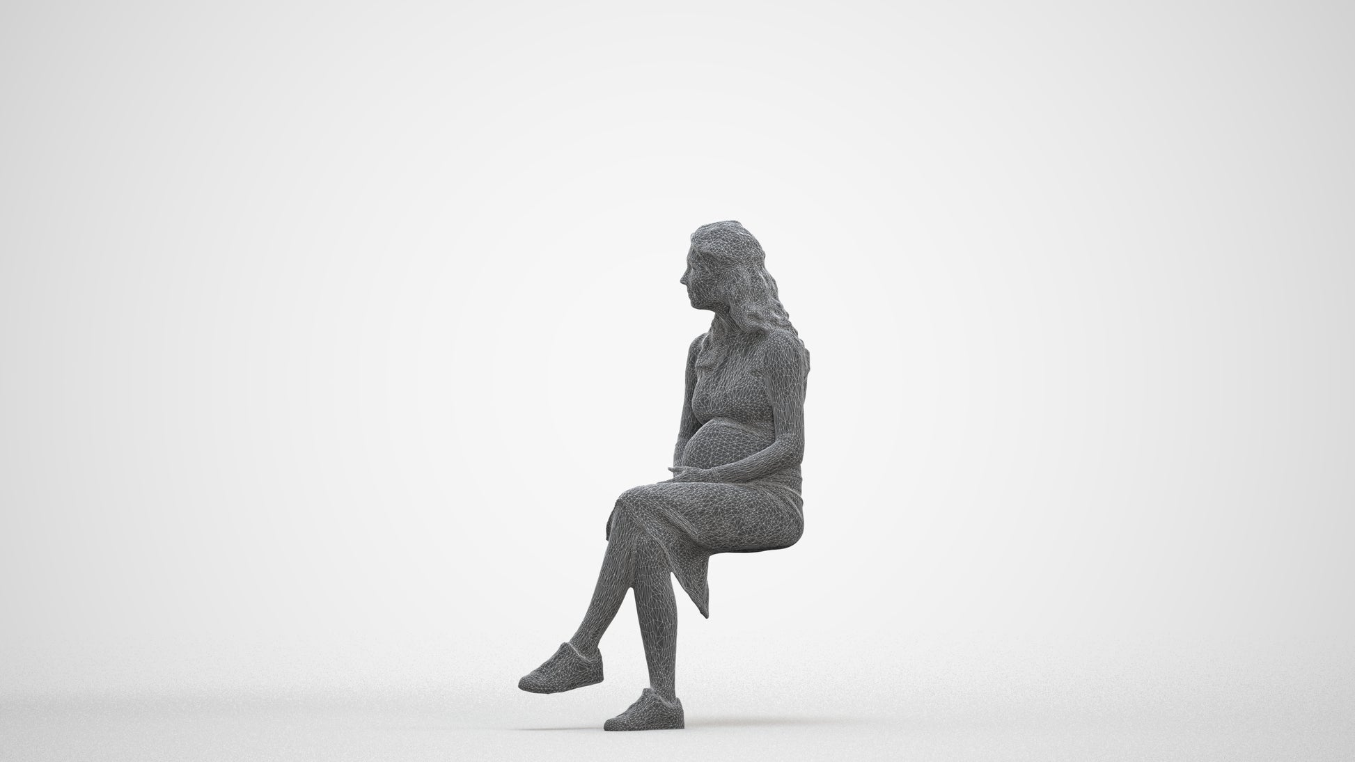 3D human model woman casual sitting, photogrammetry scanned person for archviz, three-quarter front view render
