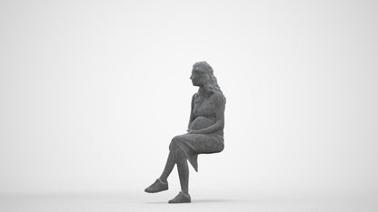 3D human model woman casual sitting, photogrammetry scanned person for archviz, three-quarter front view render