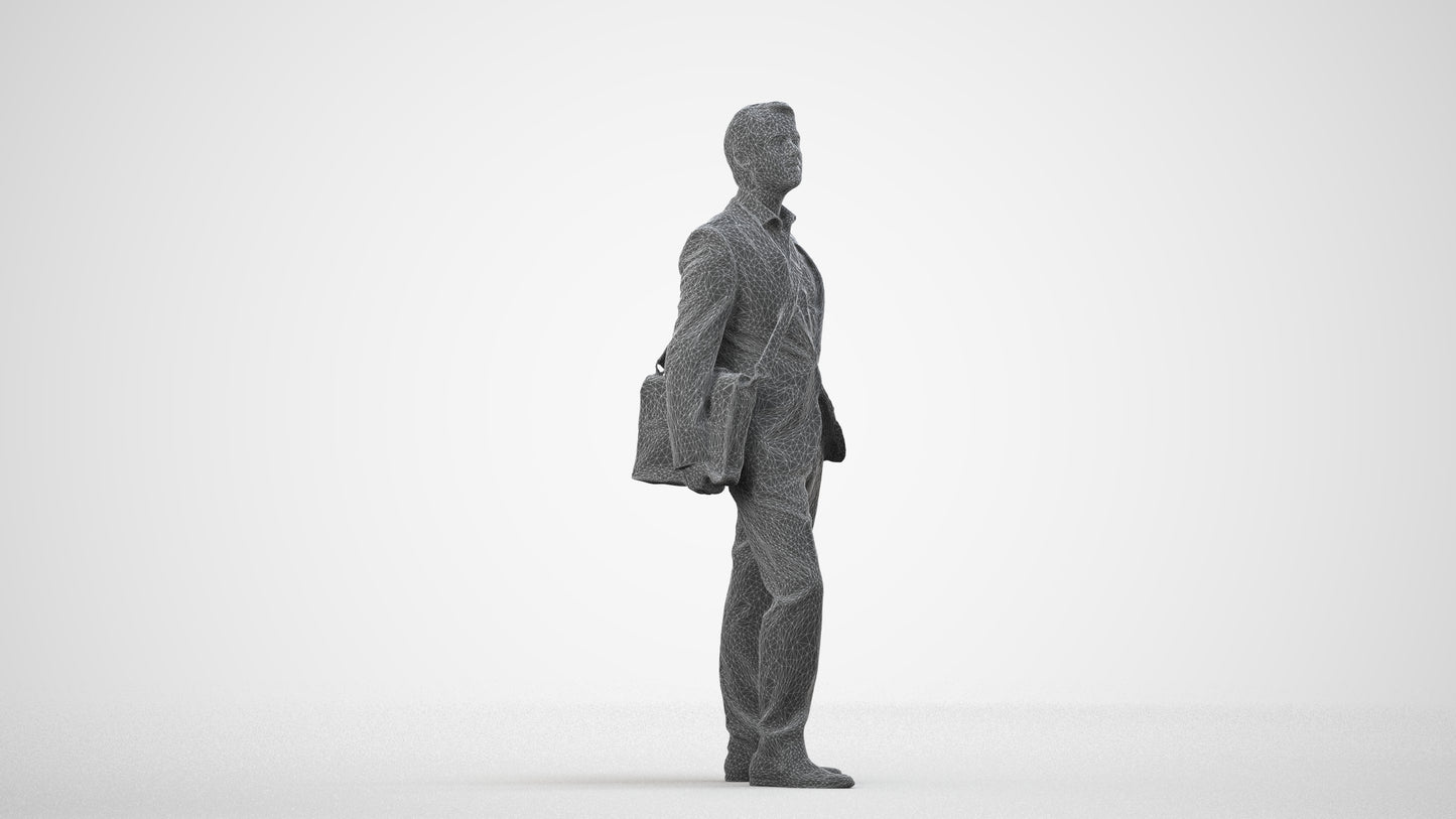 3D human model man business, photogrammetry scanned person for archviz, wireframe side view