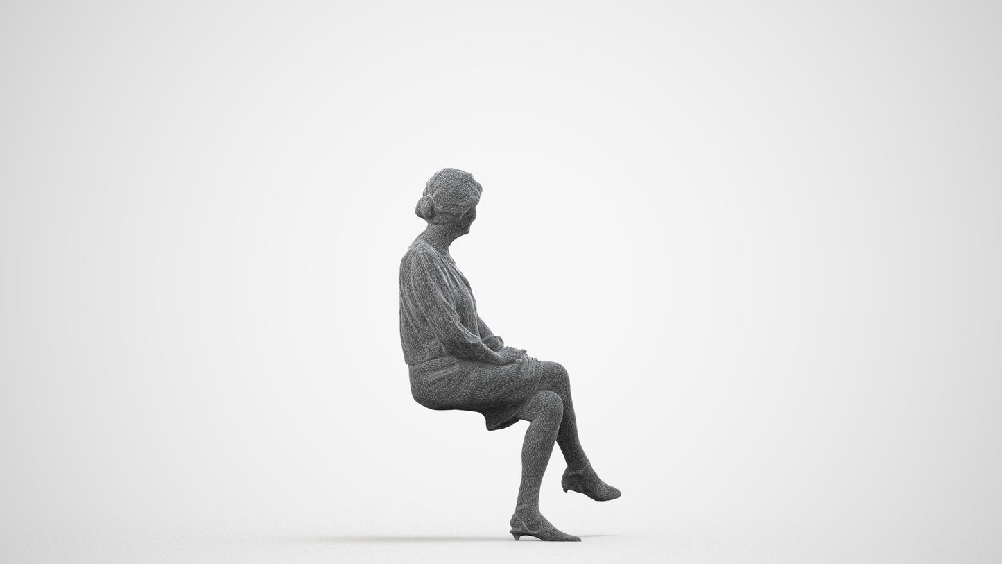 realistic 3D senior woman business sitting, scanned archviz people for Blender and 3ds Max, wireframe side view