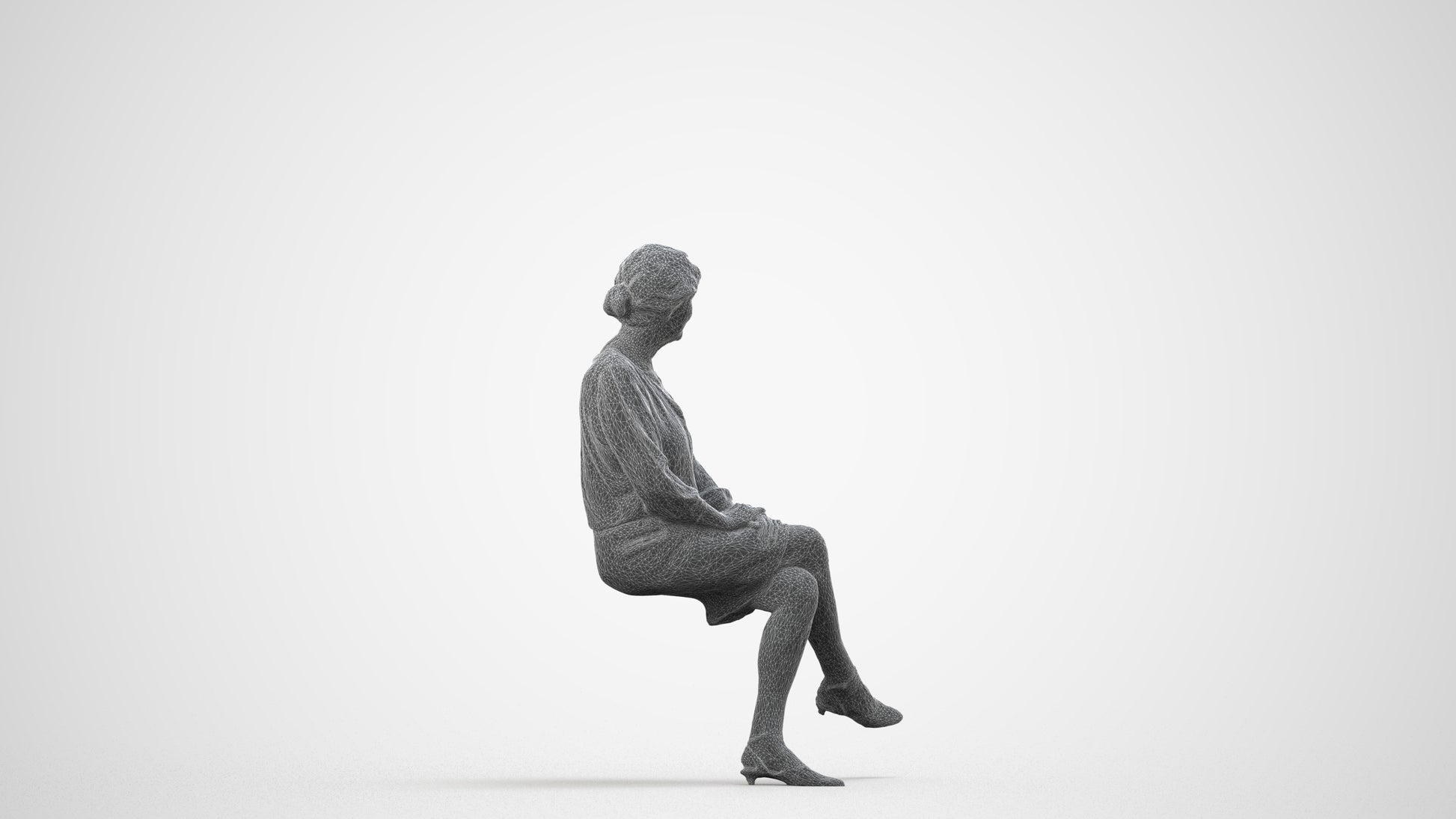 realistic 3D senior woman business sitting, scanned archviz people for Blender and 3ds Max, wireframe side view