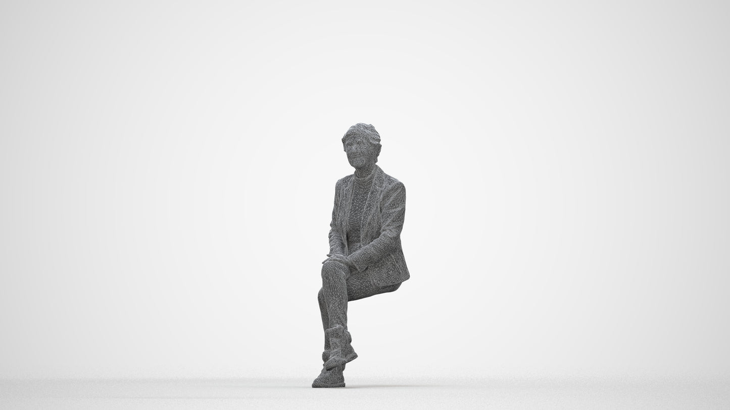 realistic 3D human senior woman business sitting, archviz people FBX OBJ for Blender, wireframe back view