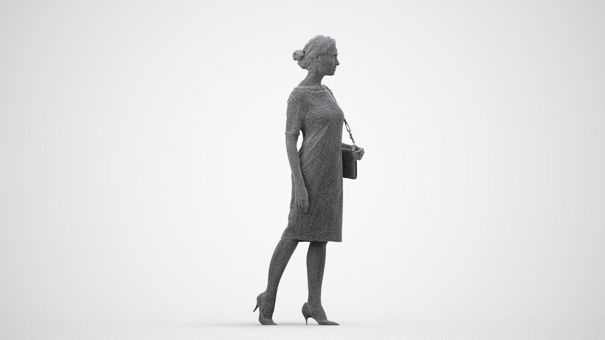 realistic 3D woman casual walking, scanned archviz people for Blender and 3ds Max, wireframe side view