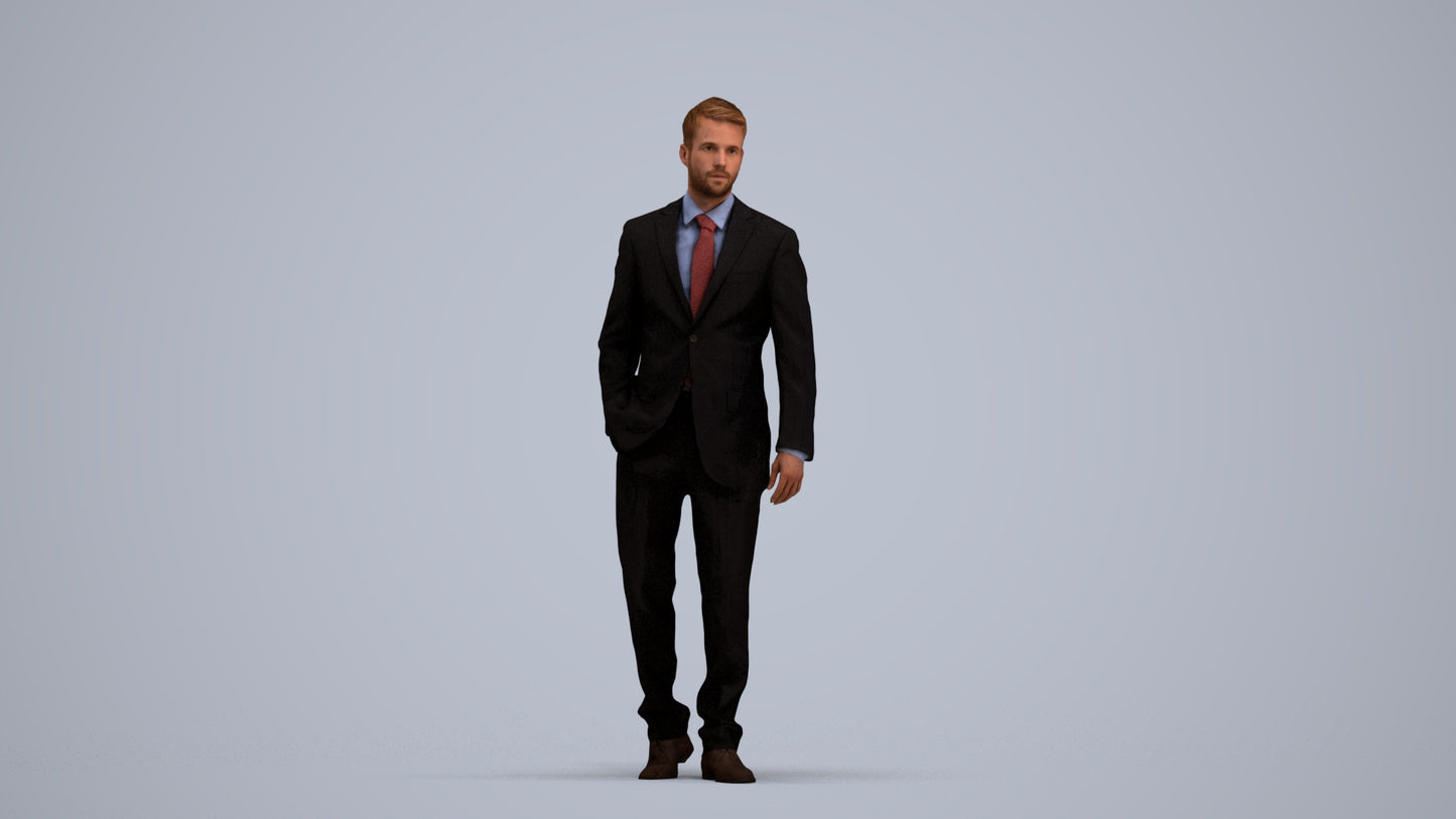 3D human model man business standing, photogrammetry scanned person for archviz, standing pose render