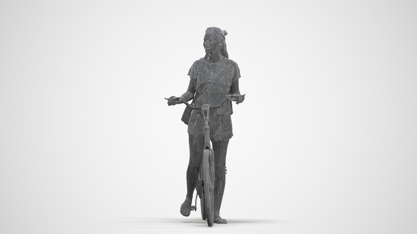 realistic 3D woman casual cycling, scanned archviz people for Blender and 3ds Max, three-quarter front view render