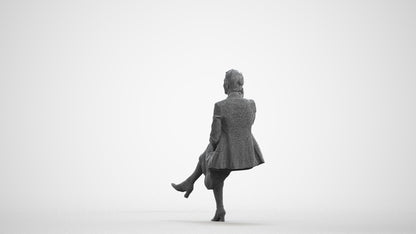 3D human model woman business sitting, photogrammetry scanned person for archviz, wireframe front view