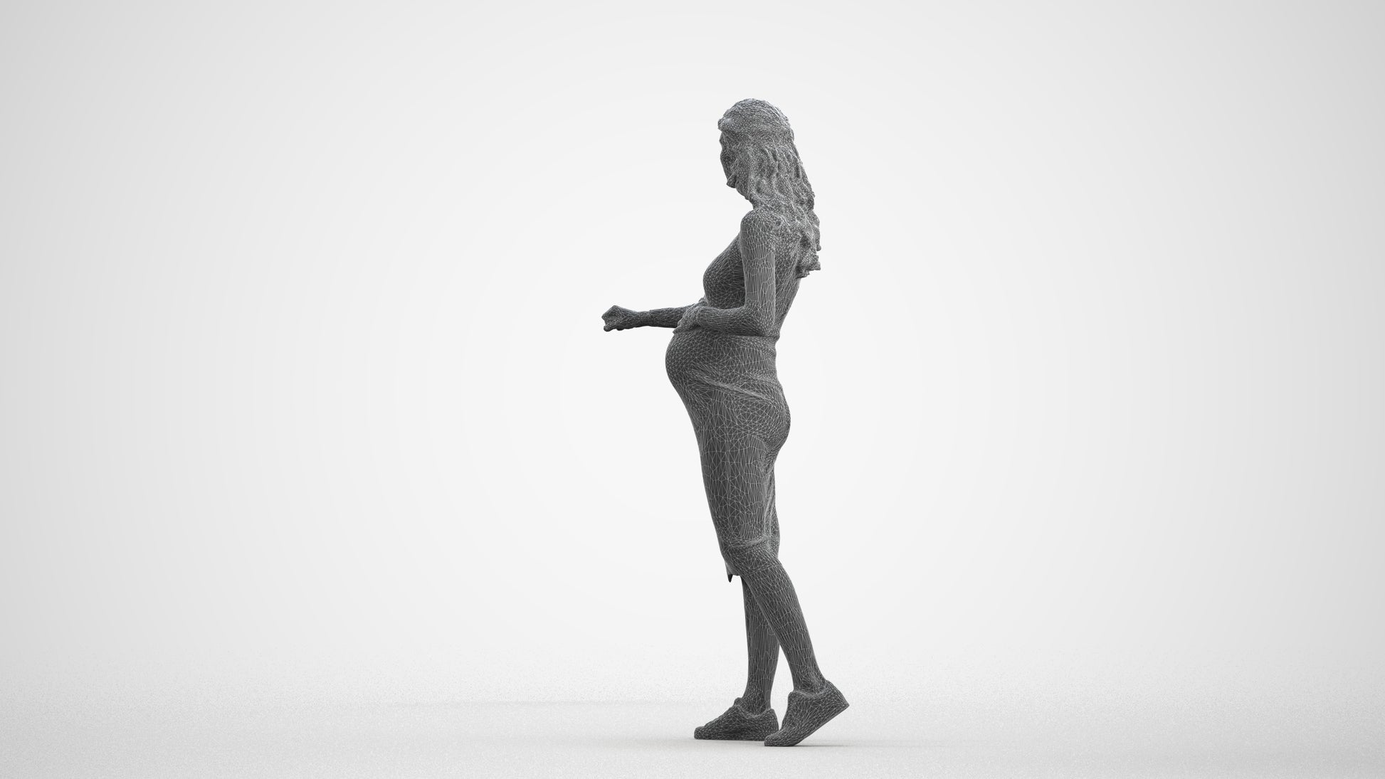 3D human model woman casual standing, photogrammetry scanned person for archviz, wireframe front view