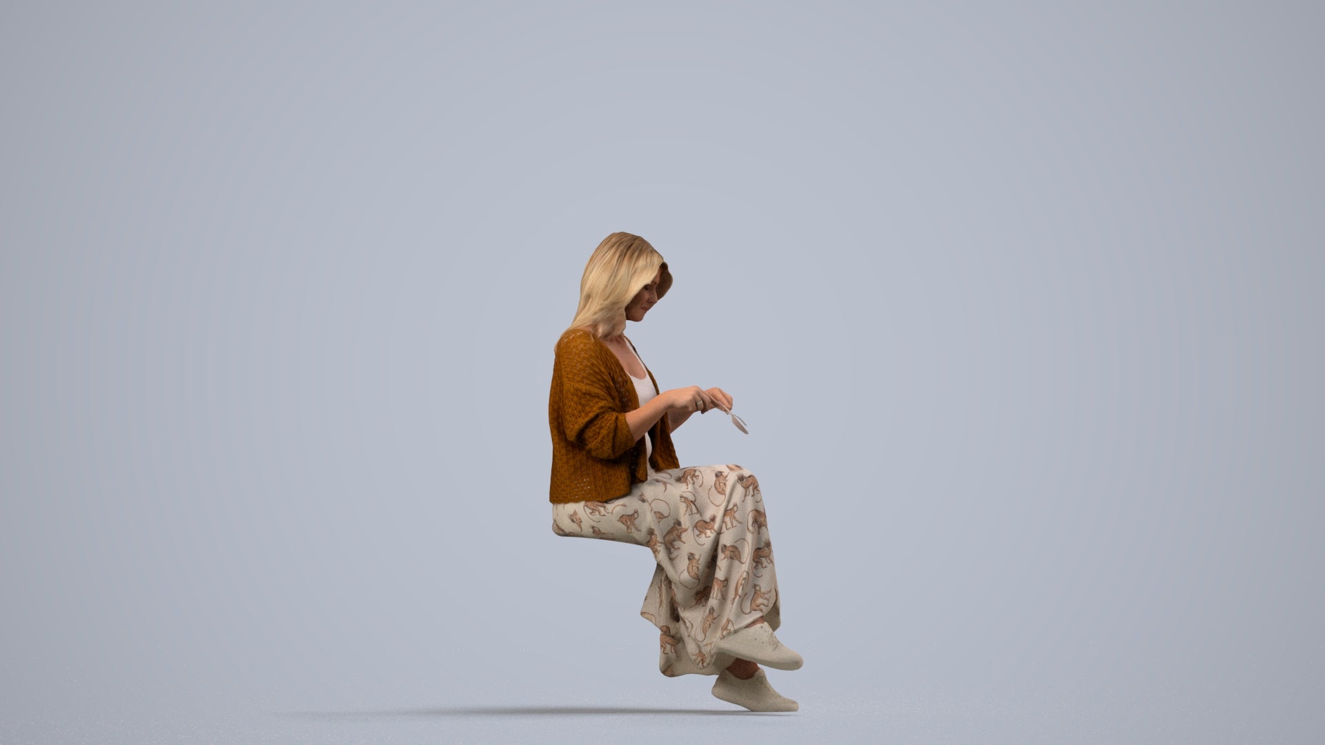 3D scanned woman sitting casual, photorealistic archviz people for Enscape and SketchUp, side view render