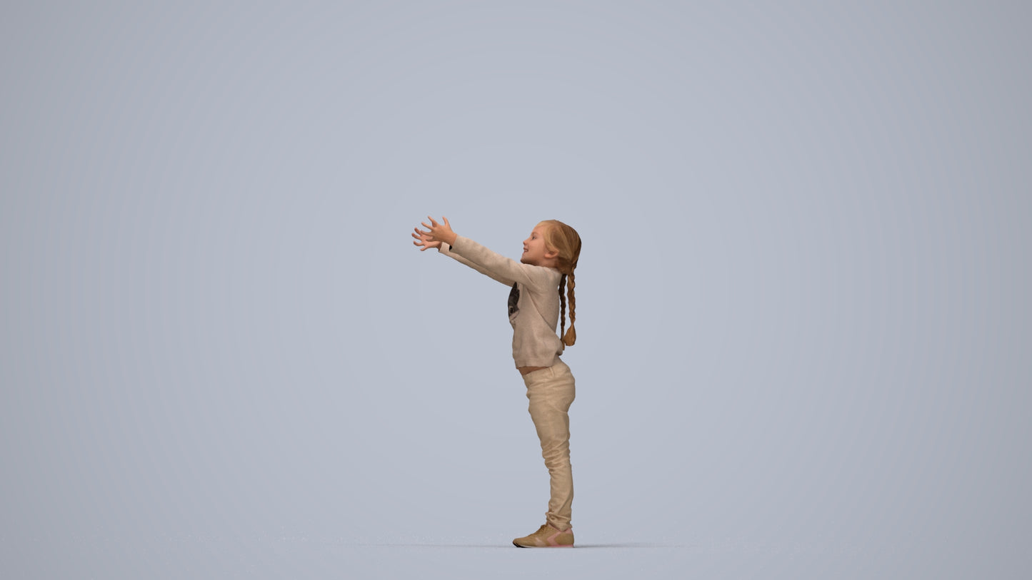 3D human model girl casual kids, photogrammetry scanned person for archviz, top-down view render