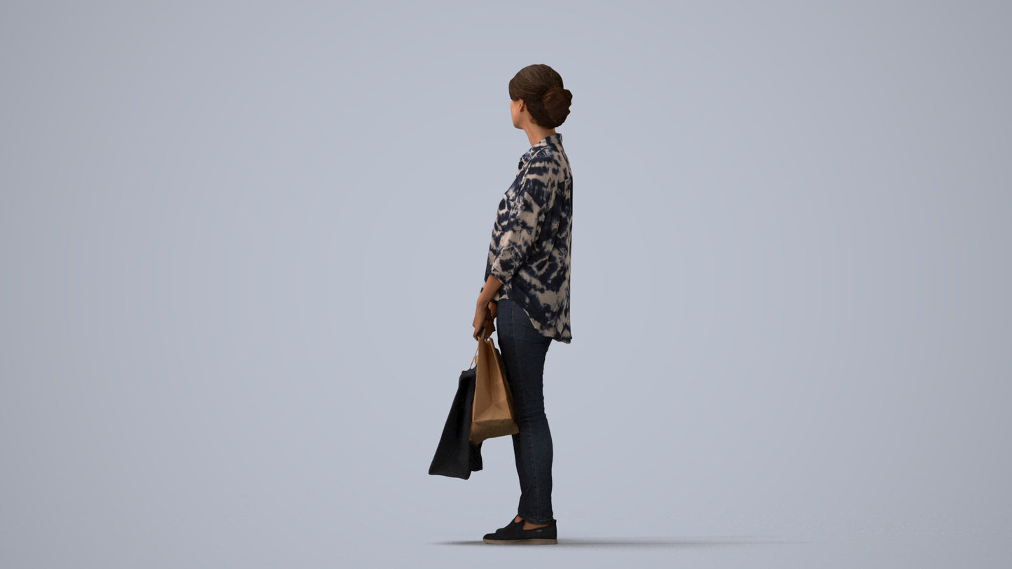 realistic 3D human woman casual shopping, archviz people FBX OBJ for Blender, three-quarter view render