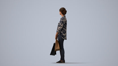 realistic 3D human woman casual shopping, archviz people FBX OBJ for Blender, three-quarter view render