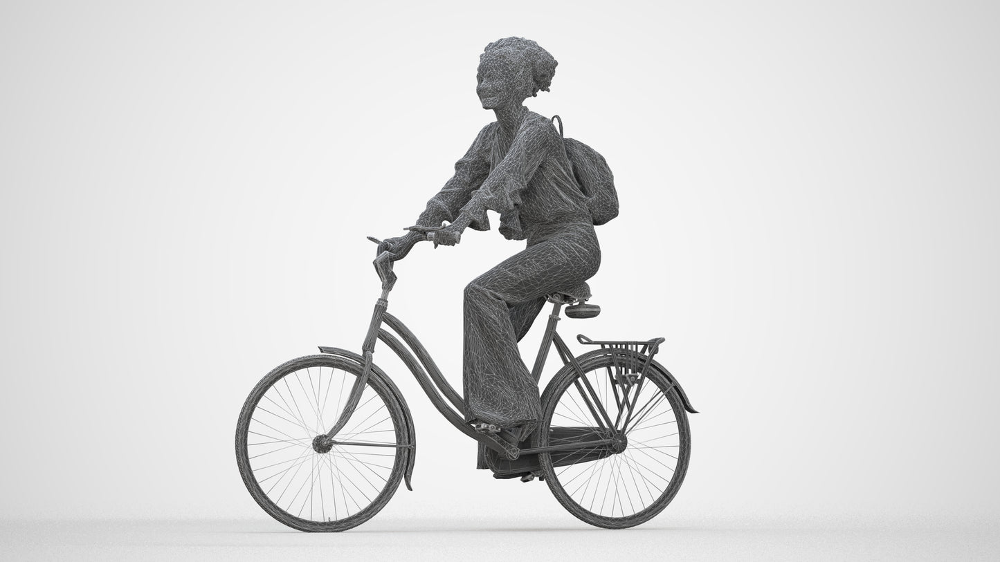 photogrammetry 3D woman casual cycling, realistic human model archviz FBX, wireframe back view