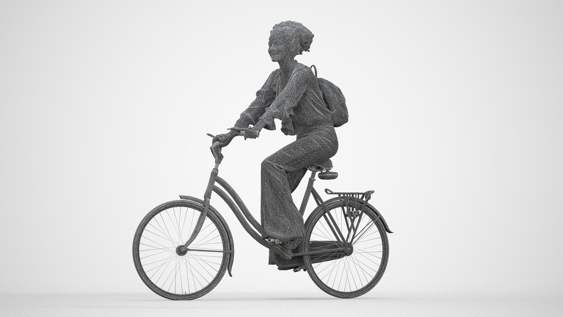 photogrammetry 3D woman casual cycling, realistic human model archviz FBX, wireframe back view