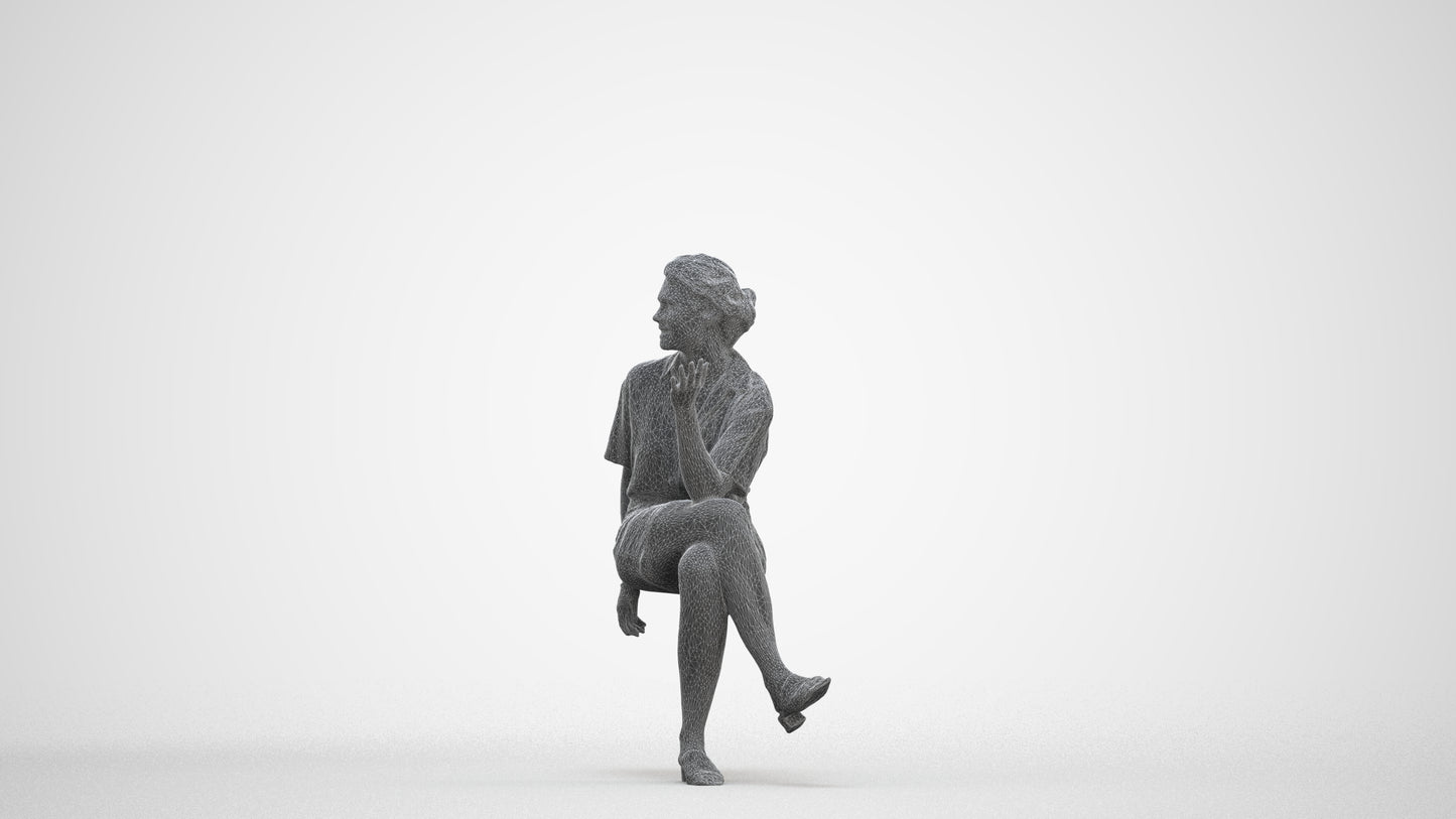 photogrammetry 3D woman casual sitting, realistic human model archviz FBX, three-quarter front view render