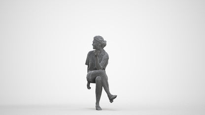photogrammetry 3D woman casual sitting, realistic human model archviz FBX, three-quarter front view render