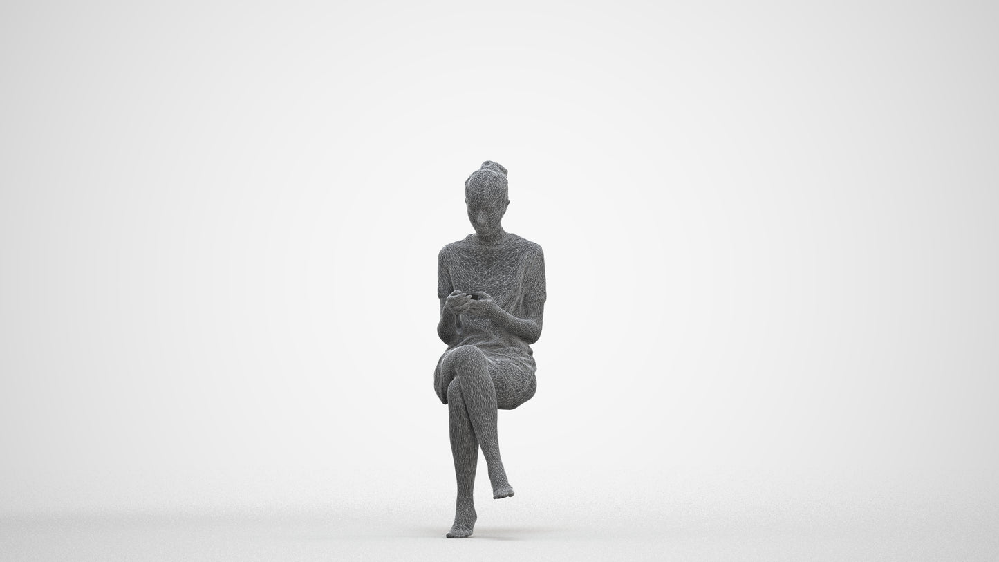 3D scanned woman sitting casual, photorealistic archviz people for Enscape and SketchUp, three-quarter front view render