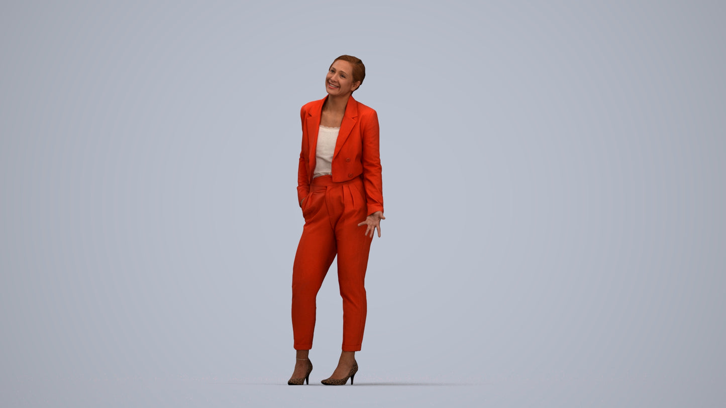 3D human model woman business, photogrammetry scanned person for archviz, top-down view render
