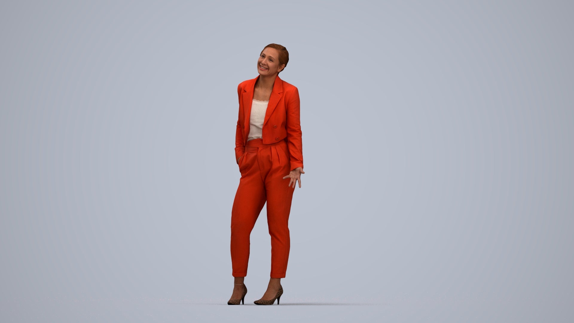 3D human model woman business, photogrammetry scanned person for archviz, top-down view render