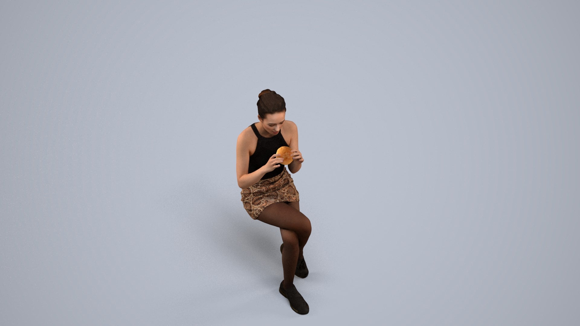 3D human model woman casual sitting, photogrammetry scanned person for archviz, back view render