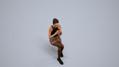 3D human model woman casual sitting, photogrammetry scanned person for archviz, back view render