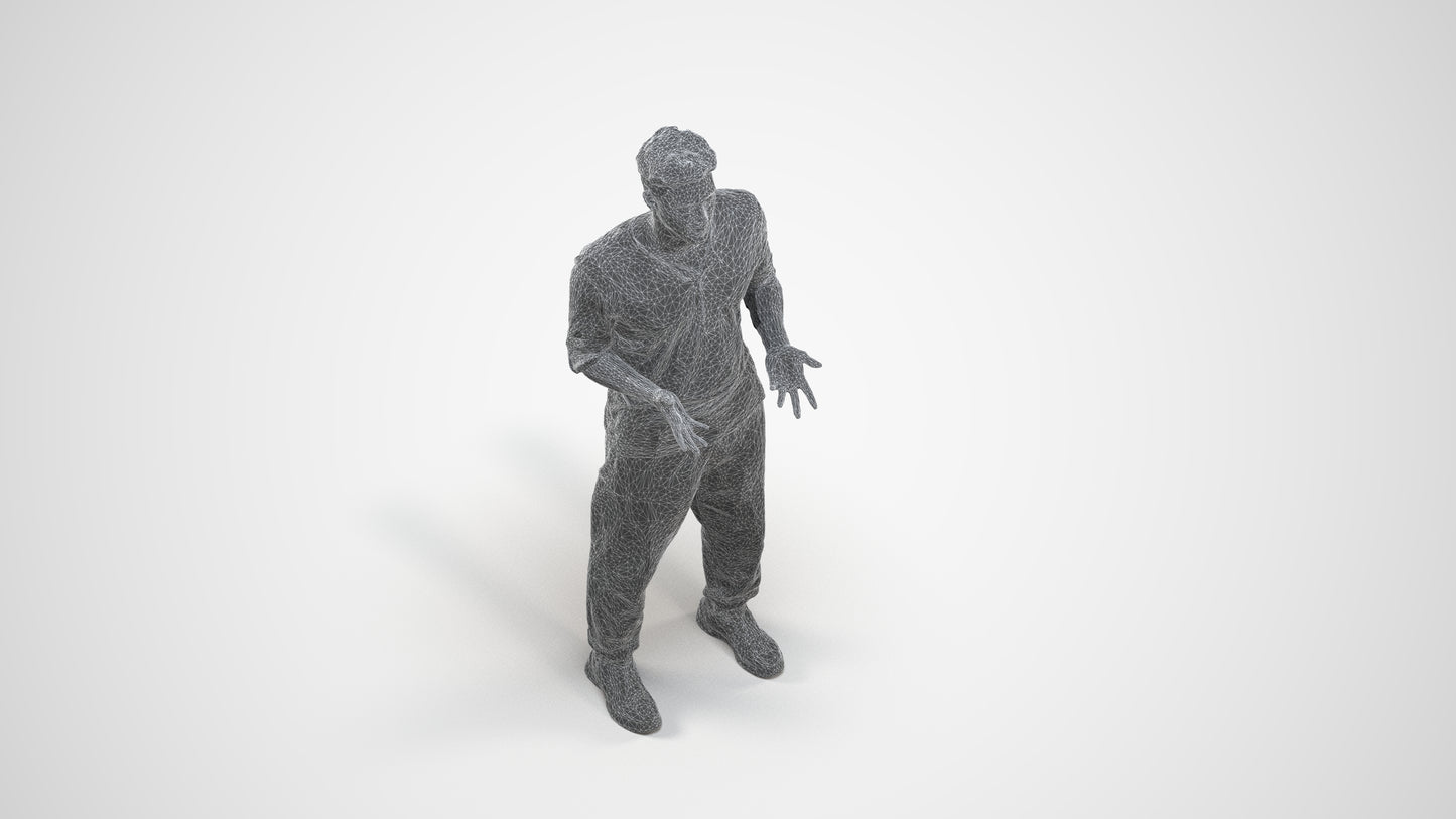 3D human model man casual standing, photogrammetry scanned person for archviz, wireframe three-quarter view