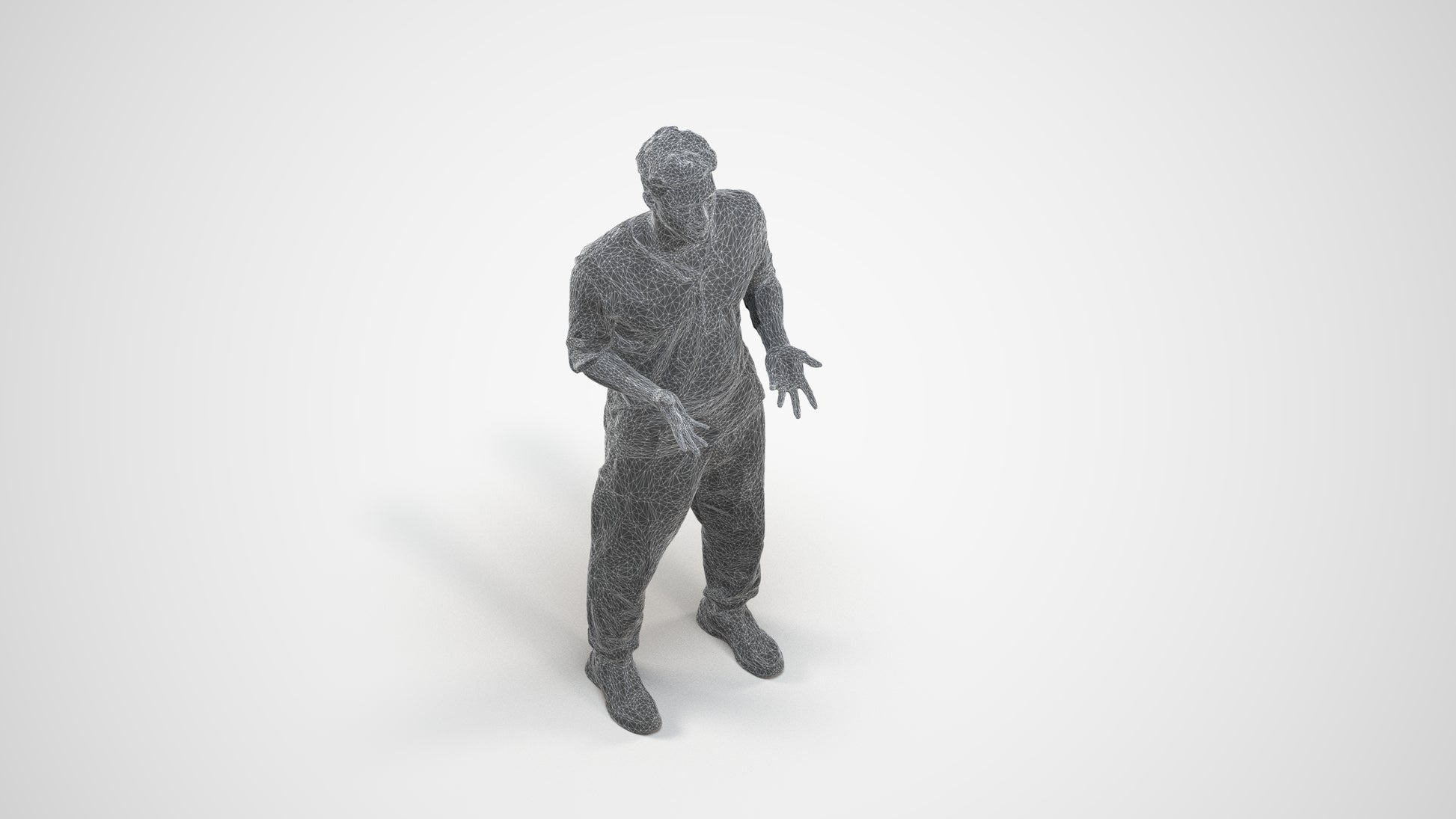 3D human model man casual standing, photogrammetry scanned person for archviz, wireframe three-quarter view