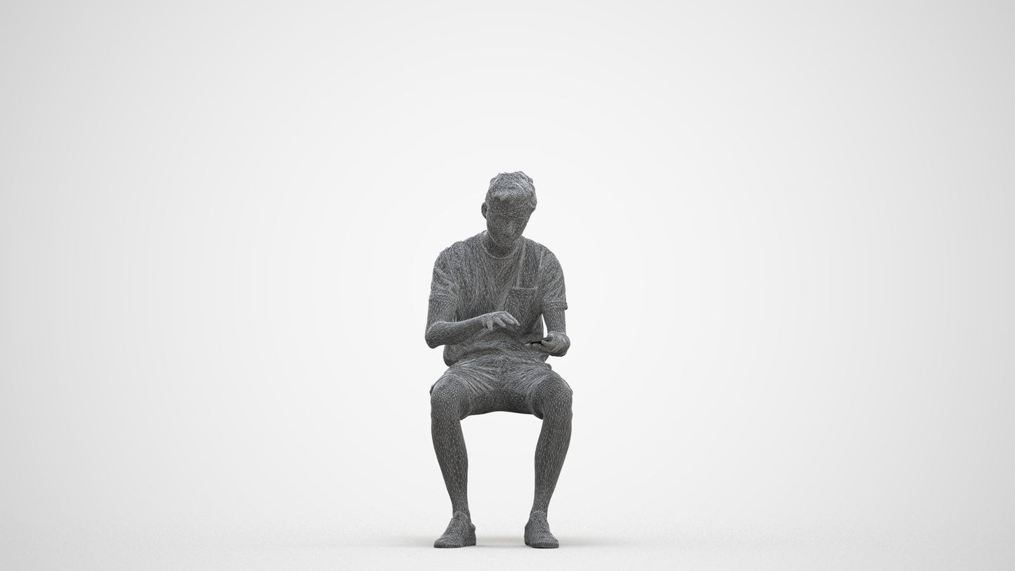 3D human model man casual sitting, photogrammetry scanned person for archviz, three-quarter front view render