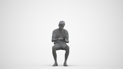 3D human model man casual sitting, photogrammetry scanned person for archviz, three-quarter front view render