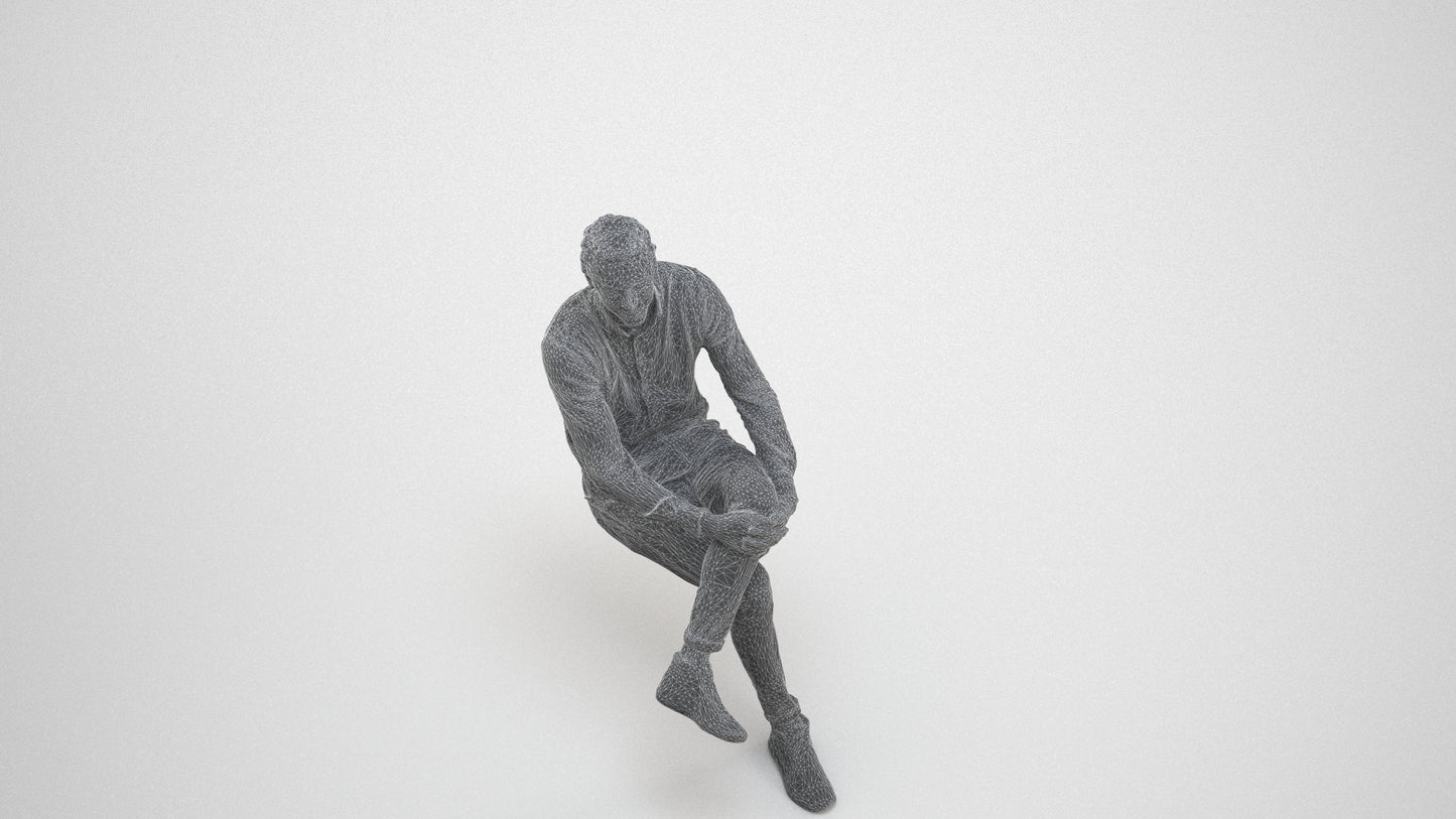 realistic 3D human man casual sitting, archviz people FBX OBJ for Blender, wireframe three-quarter view