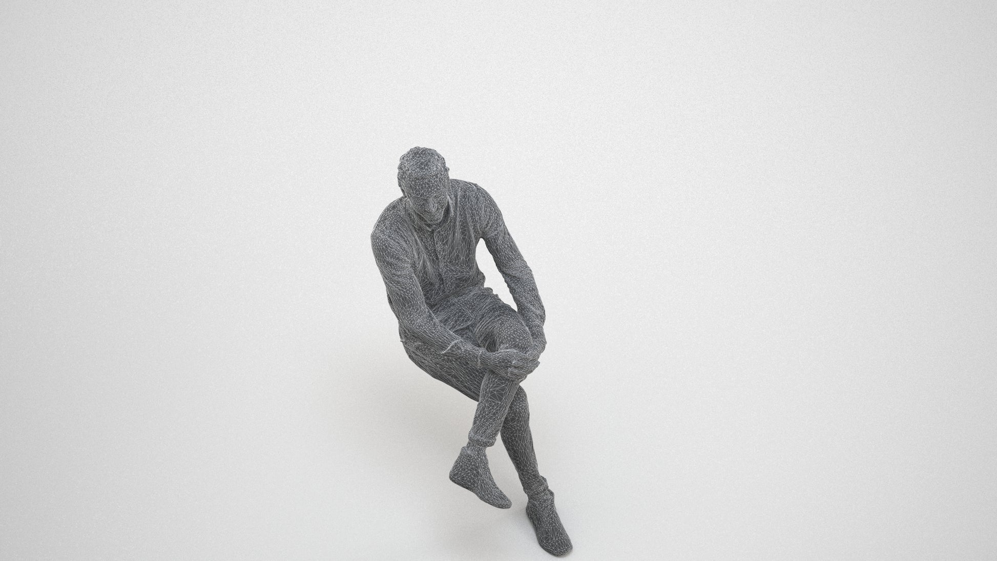 realistic 3D human man casual sitting, archviz people FBX OBJ for Blender, wireframe three-quarter view