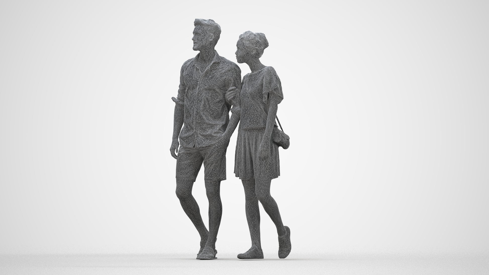 realistic 3D people woman casual couple, render-ready for V-Ray and Corona, FBX OBJ, wireframe back view