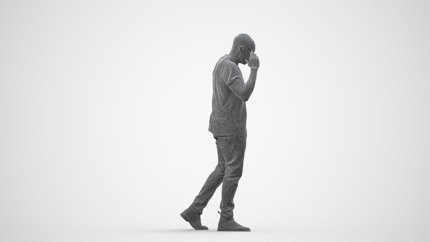 3D scanned man walking casual, photorealistic archviz people for Enscape and SketchUp, wireframe side view