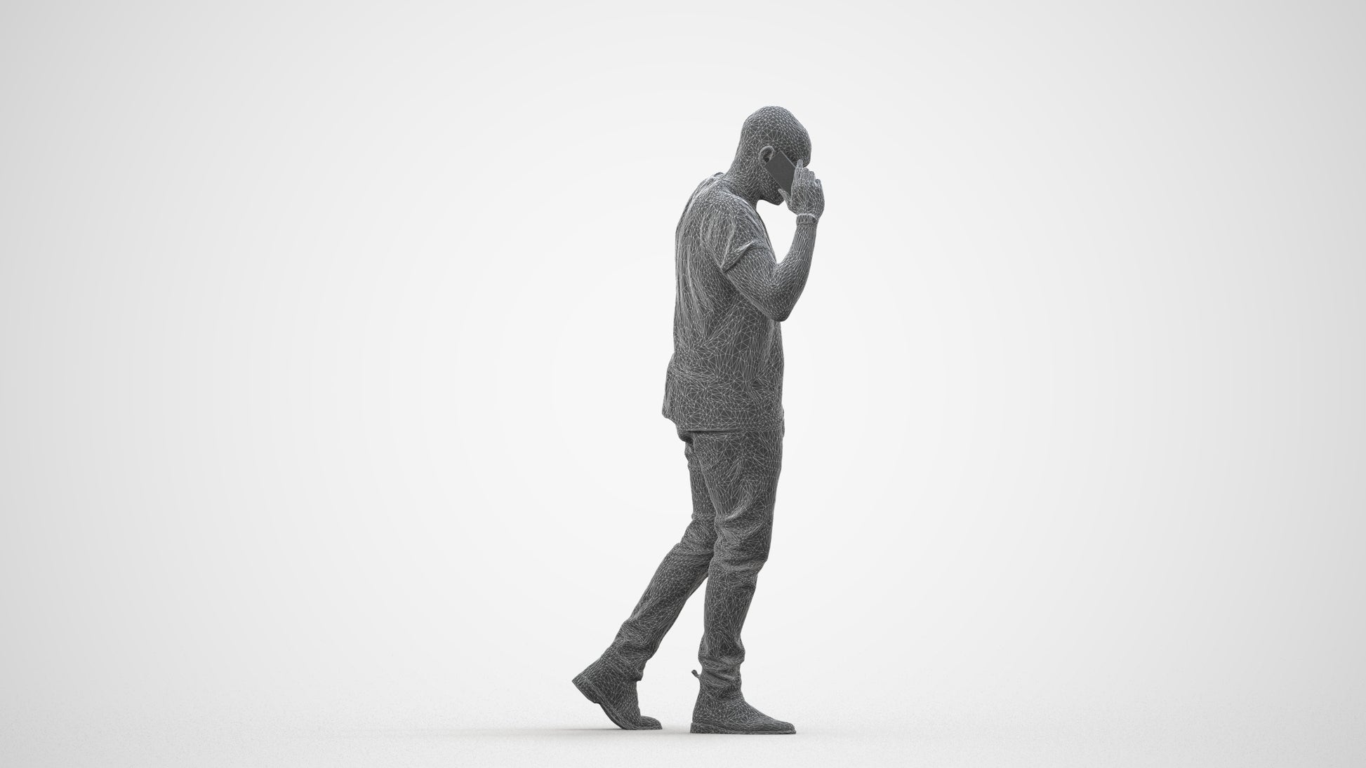 3D scanned man walking casual, photorealistic archviz people for Enscape and SketchUp, wireframe side view