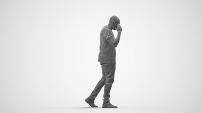 3D scanned man walking casual, photorealistic archviz people for Enscape and SketchUp, wireframe side view
