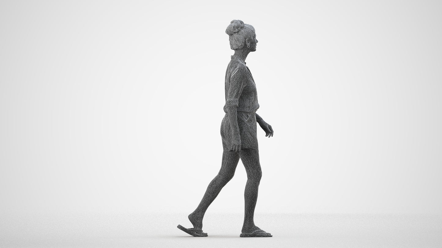 3D human model woman casual standing, photogrammetry scanned person for archviz, wireframe side view