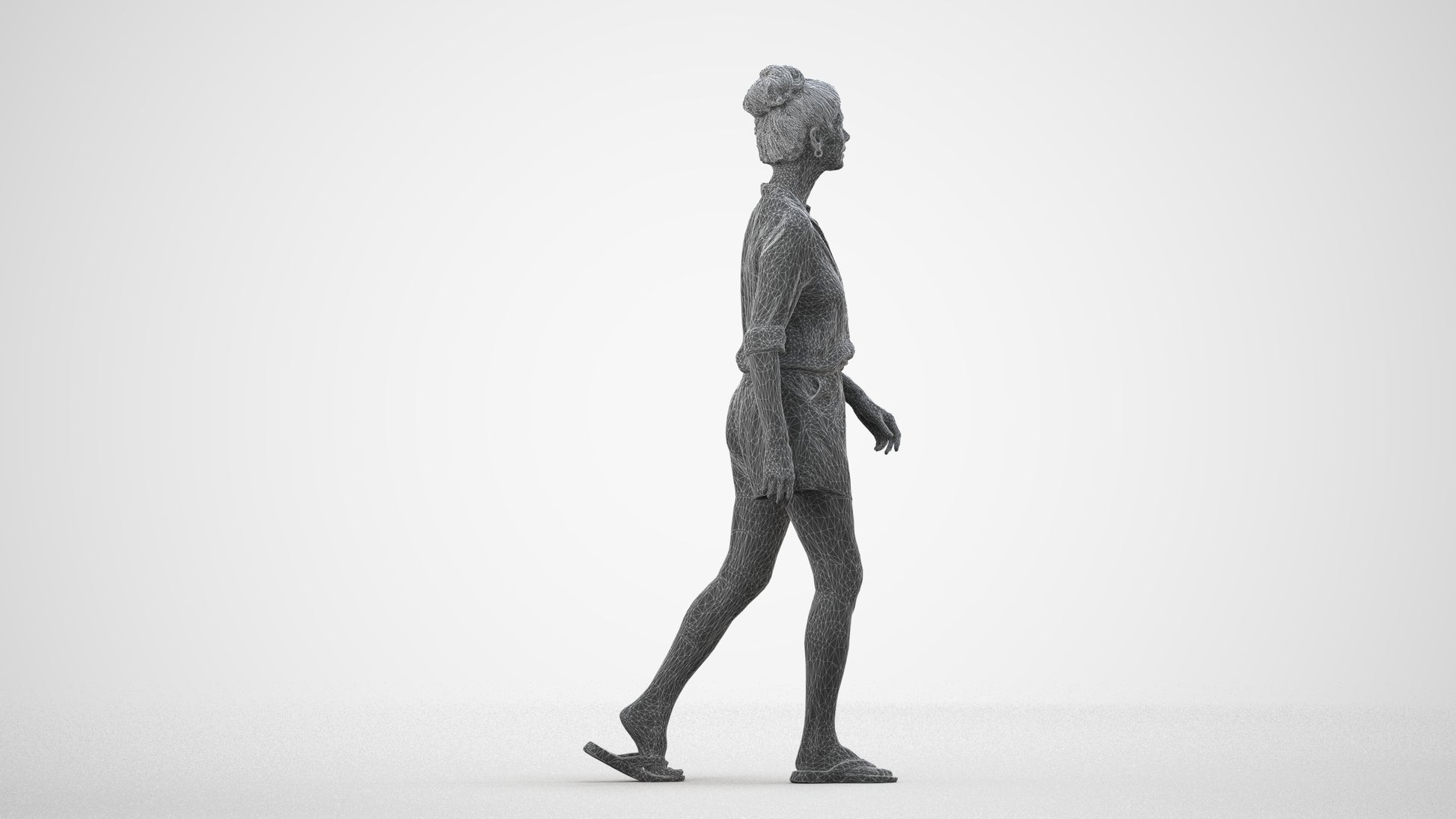 3D human model woman casual standing, photogrammetry scanned person for archviz, wireframe side view