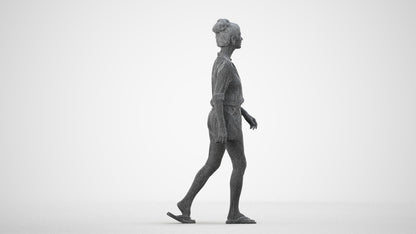 3D human model woman casual standing, photogrammetry scanned person for archviz, wireframe side view